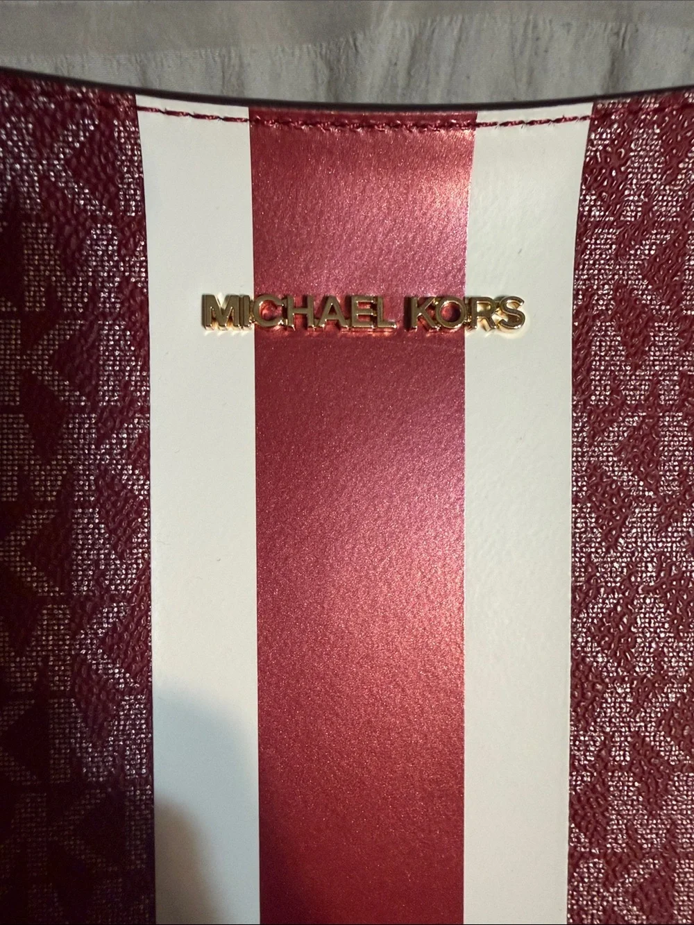 Michael Kors Burgundy and White Signature Stripe Crossbody Bag
